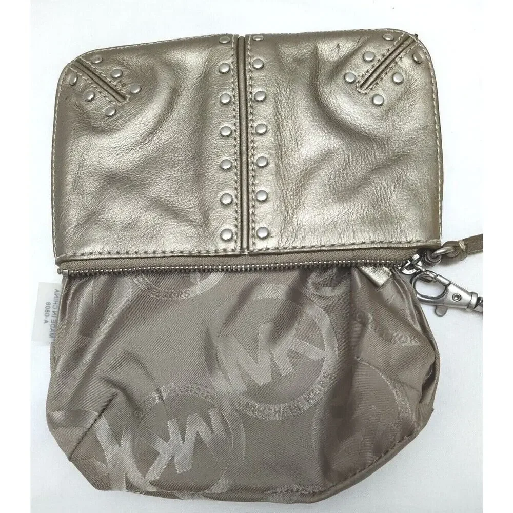 Michael Kors Altor Gray Bronze Leather Studded Zipper Wristlet - Coin Wallet